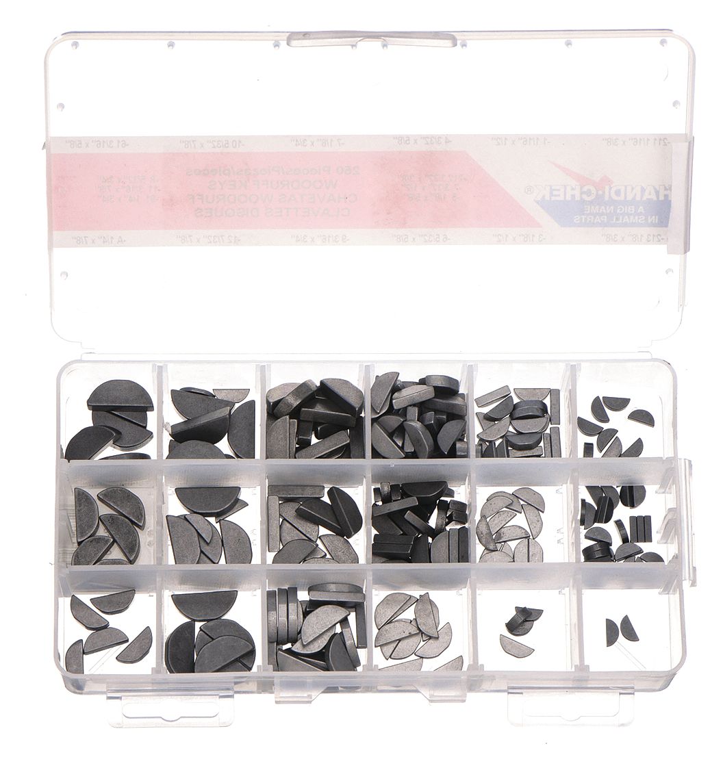 WOODRUFF KEY ASSORTMENT, INCH, 250 PIECES, STEEL, UNGRADED