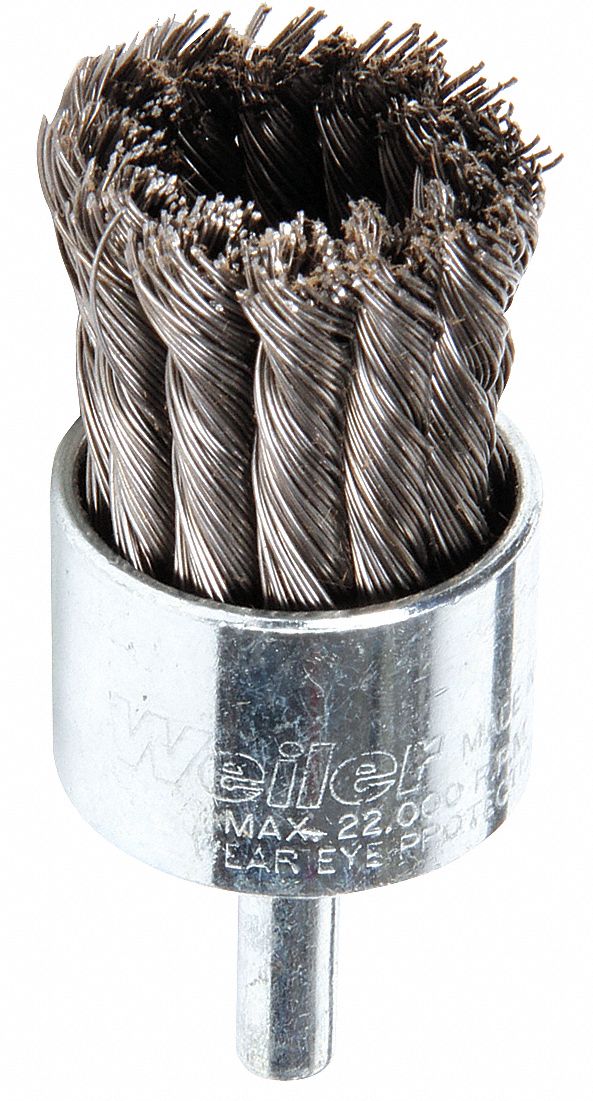 WEILER 1 1/8 in Twisted Wire End Brush, 1/4 in Shank, 0.014 in Wire Dia