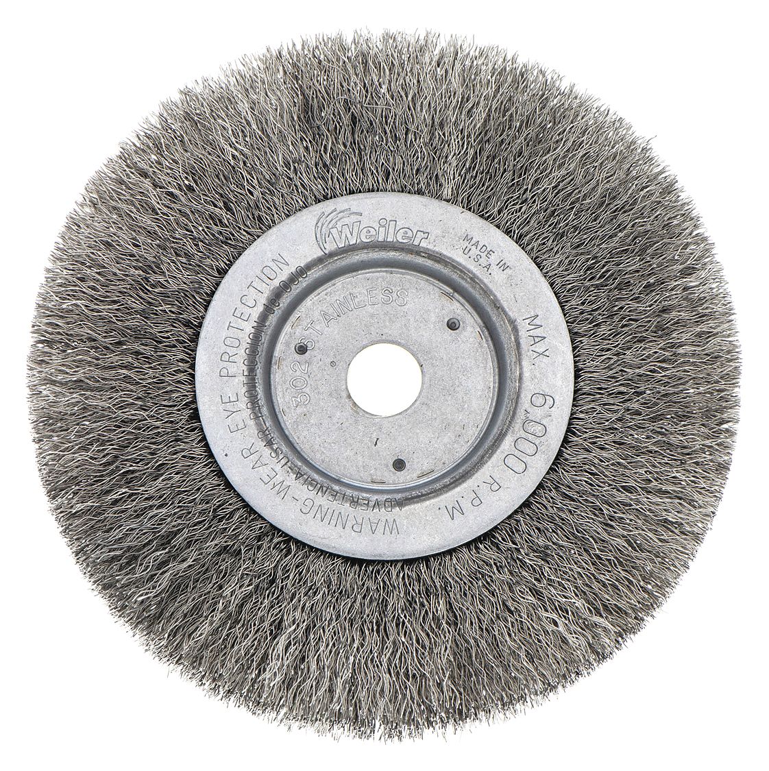WIRE WHEEL BRUSH, CRIMPED STAINLESS STEEL, 6 IN DIAMETER X ¾ IN W, ⅝ IN TO ½ IN ARBOUR