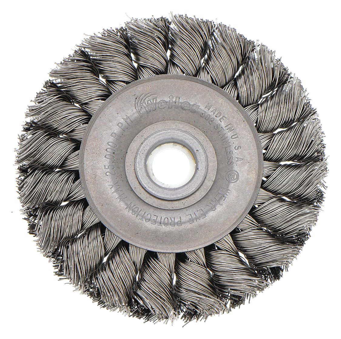 WIRE WHEEL BRUSH, TWISTED STAINLESS STEEL, 3 IN DIAMETER X ⅜ IN W, ½ IN TO ⅜ IN ARBOUR, 0.014 IN FILL