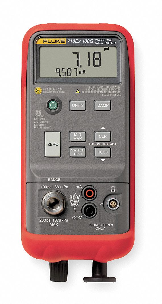 Handheld Pressure Calibrator: Fluke-718Ex-100, Included, -12 psi – 100 psi, 0 V DC – 30 V DC
