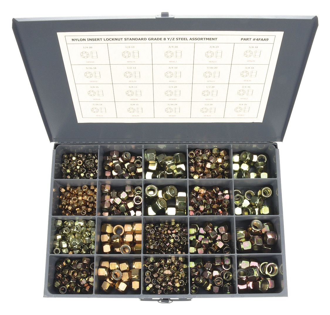 Hex Locknut Assortment: Steel, Zinc Yellow, 890 Nuts, 14 Thread Sizes