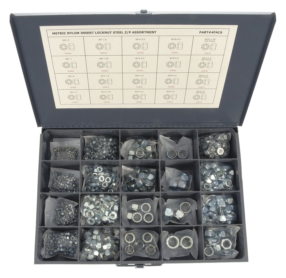 Hex Locknut Assortment: Steel, Zinc-Plated, 930 Nuts, 16 Thread Sizes