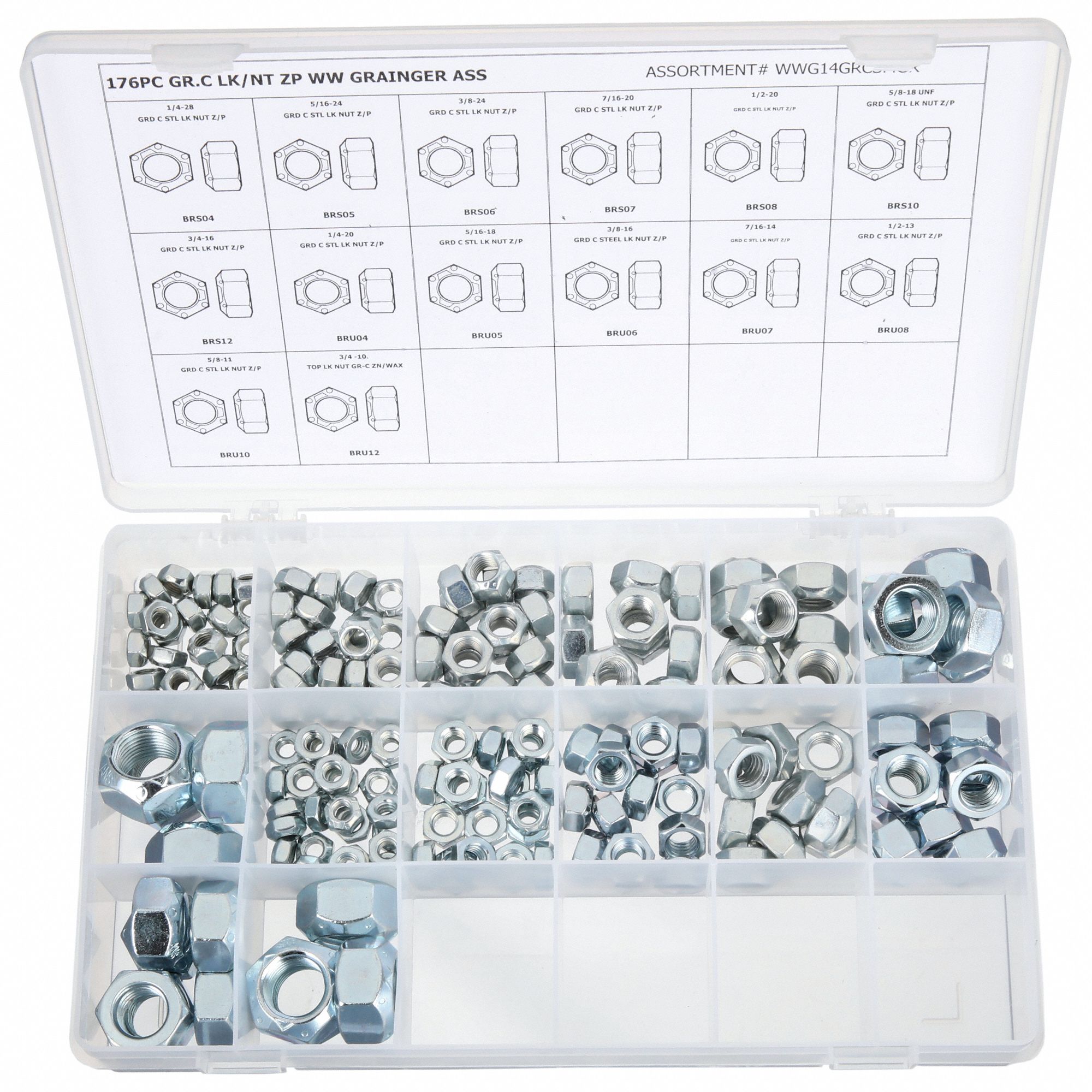 Hex Locknut Assortment: Steel, Zinc-Plated, 176 Nuts, 14 Thread Sizes