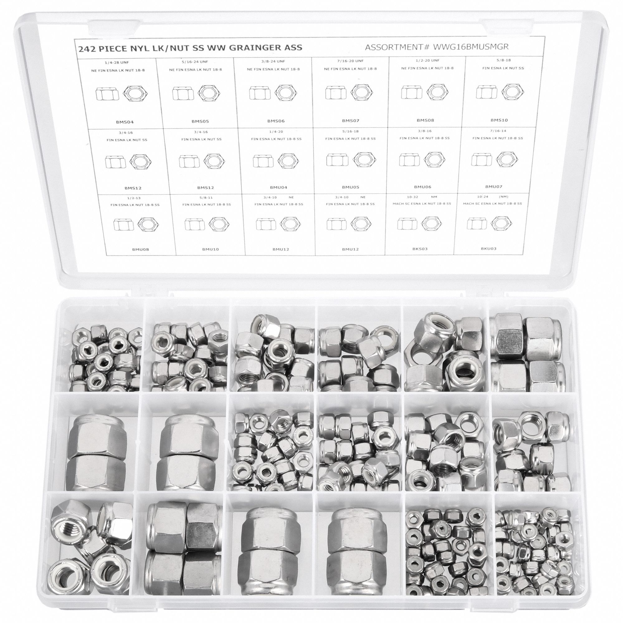 Hex Locknut Assortment: Stainless Steel, Plain, 242 Nuts, 16 Thread Sizes