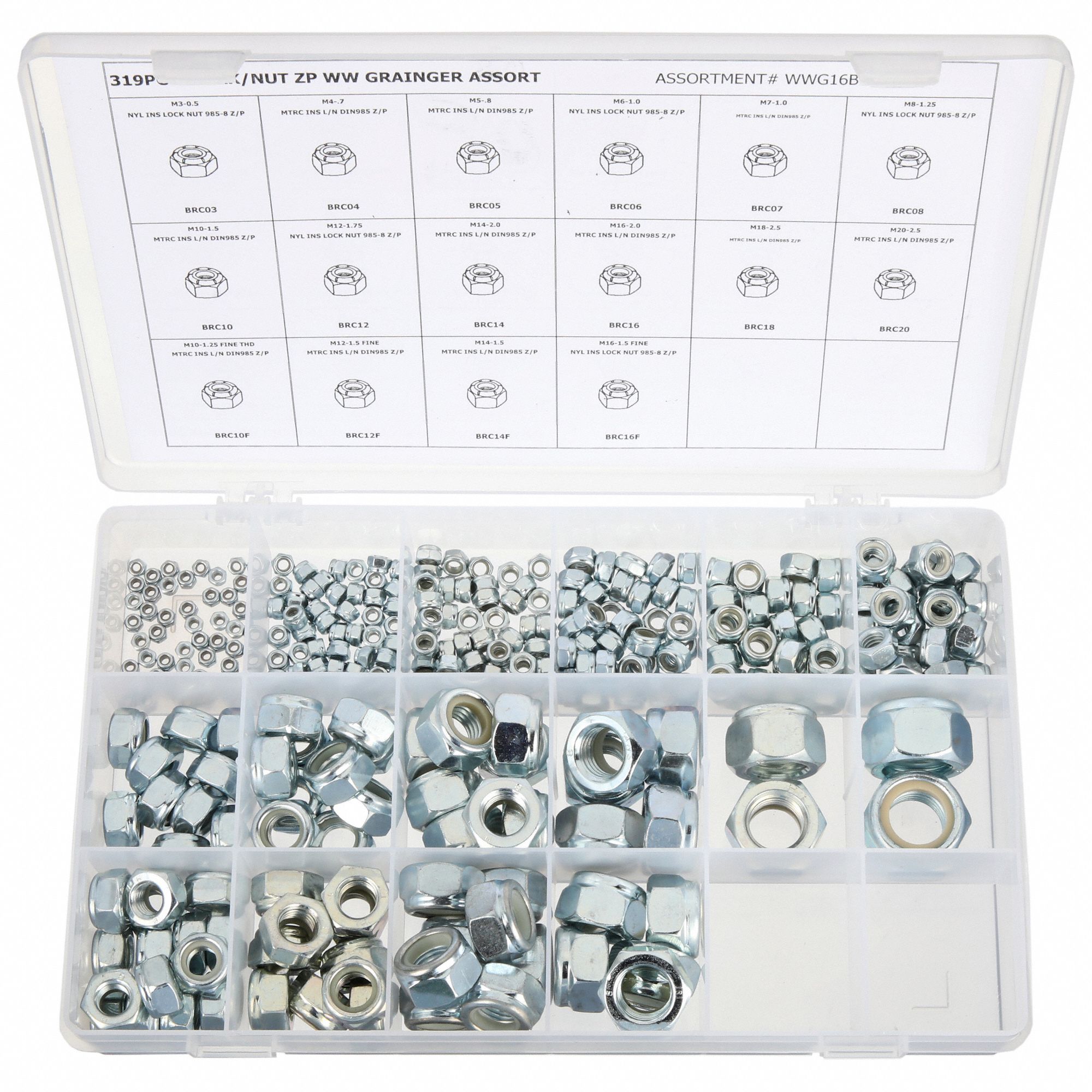 Hex Locknut Assortment: Steel, Zinc-Plated, 319 Nuts, 16 Thread Sizes