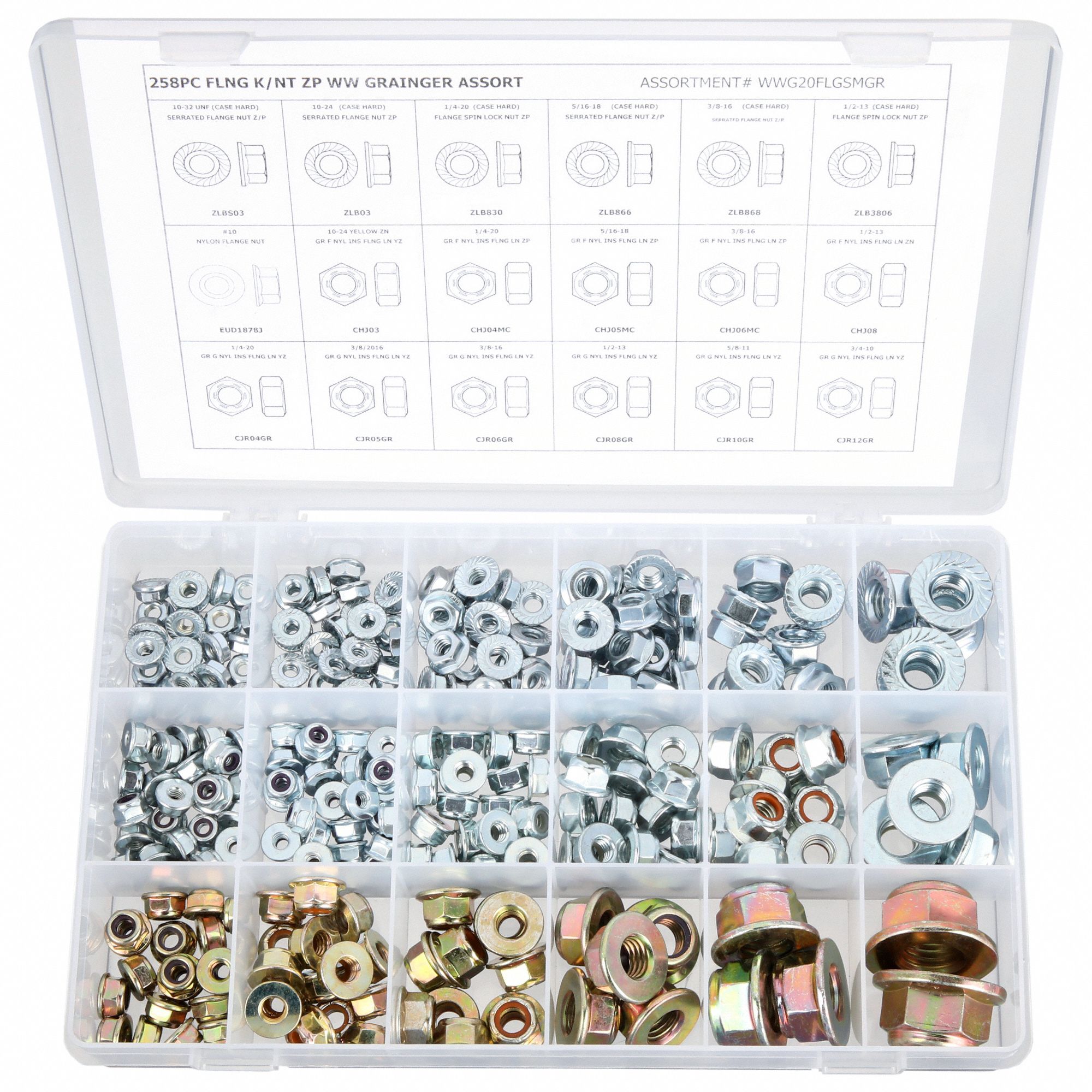 Hex Locknut Assortment: Steel, Zinc-Plated, 258 Nuts, 19 Thread Sizes
