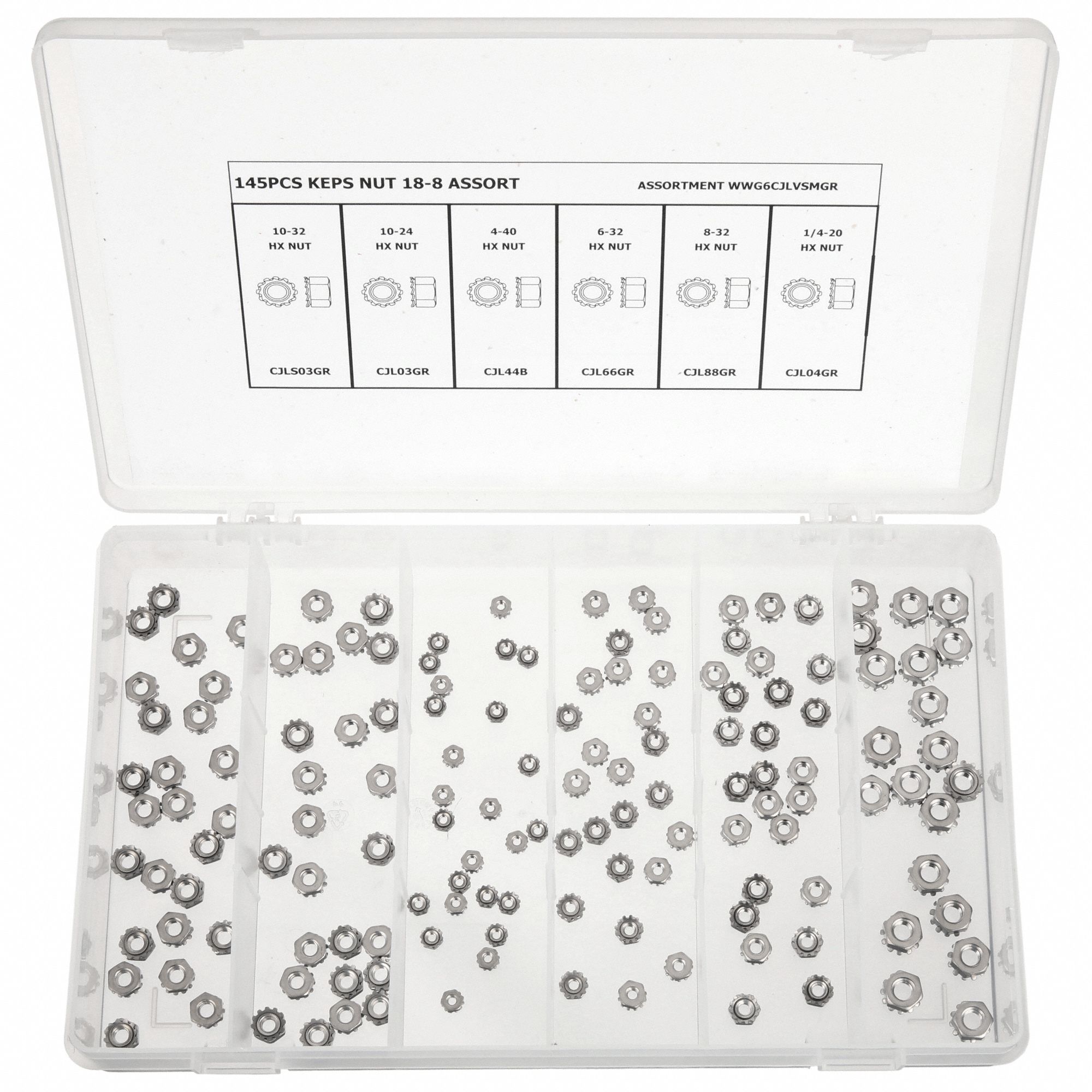 Hex Locknut Assortment: Stainless Steel, Plain, 145 Nuts, 6 Thread Sizes