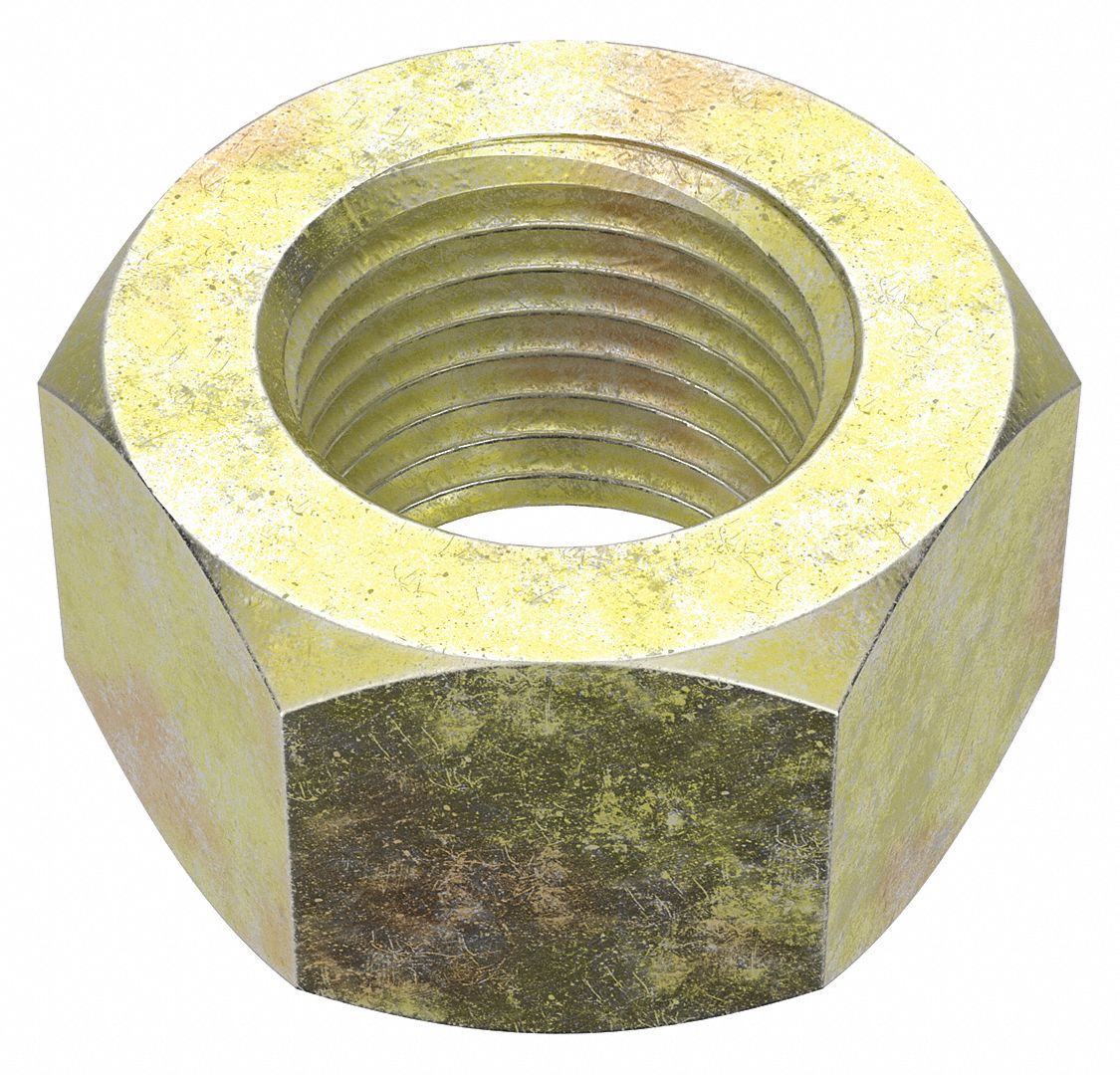 Hex Nut: Std Hex, 1/2"-20 Thread, 3/4 in Hex Wd, 7/16 in Hex Ht, Steel, Grade 8, Zinc Yellow, 50 PK