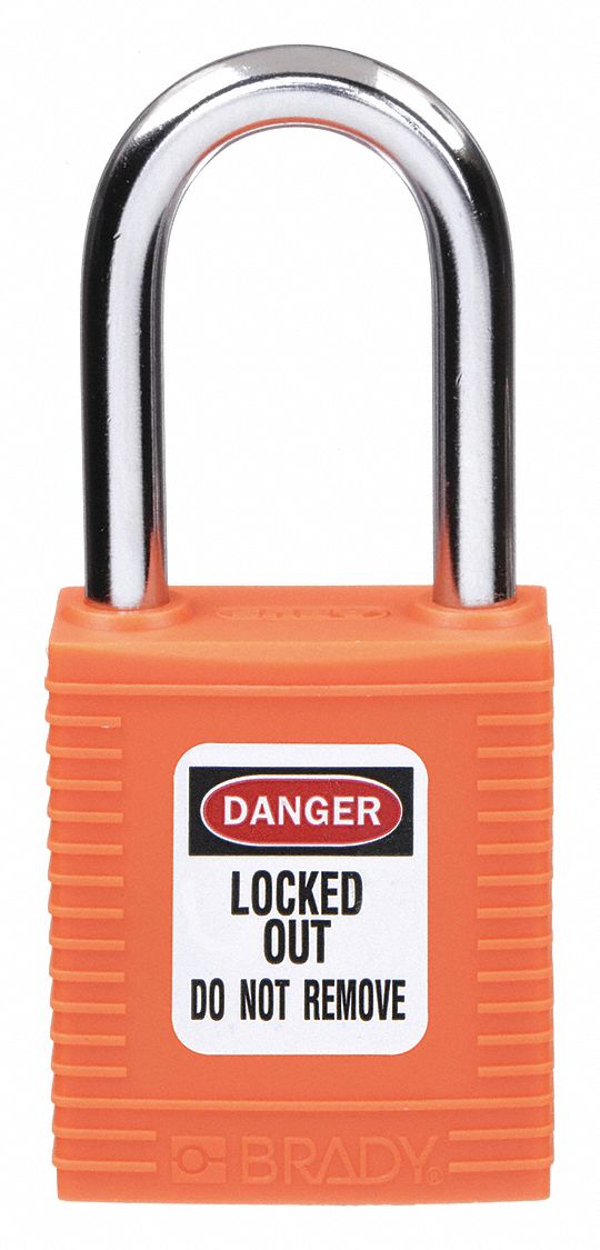 LOCKOUT PADLOCK, KEYED DIFFERENT, NYLON, STANDARD BODY, HARDENED STEEL, ORANGE