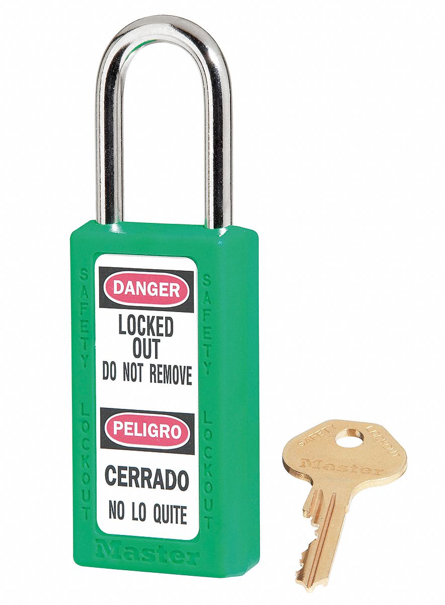 LOCKOUT PADLOCK, KEYED DIFFERENT, THERMOPLASTIC, LONG BODY, METAL, STD, GREEN