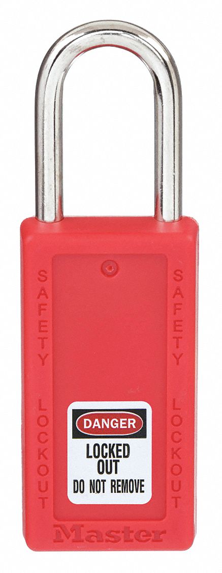 LOCKOUT PADLOCK, KEYED DIFFERENT, THERMOPLASTIC, LONG BODY, METAL, STD, RED