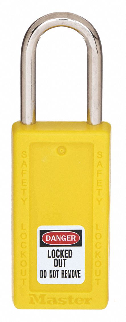 LOCKOUT PADLOCK, KEYED DIFFERENT, THERMOPLASTIC, LONG BODY, METAL, STD, YELLOW