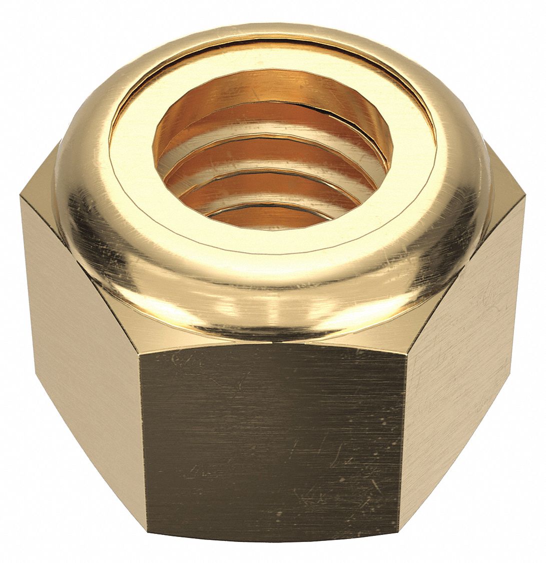 LOCK NUT, NYLON INSERT, ½"-13 THREAD SIZE, BRASS, PLAIN FINISH, ¾ IN HEX W, 5 PK