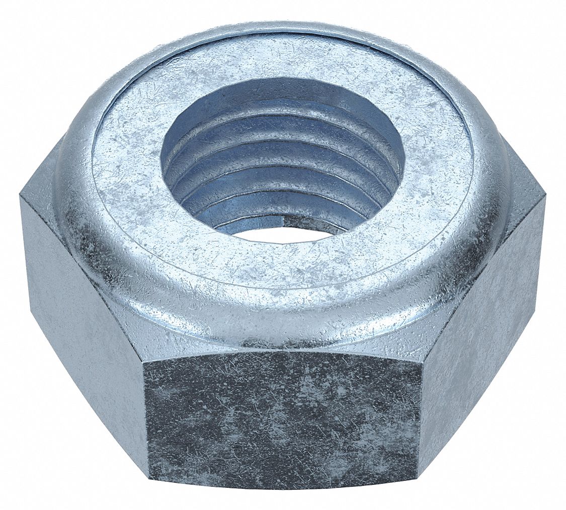 Lock Nut: Nylon Insert, Heavy Jam, 1 1/8"-7 Thread Size, Steel, Grade 2, Zinc-Plated, 5 PK