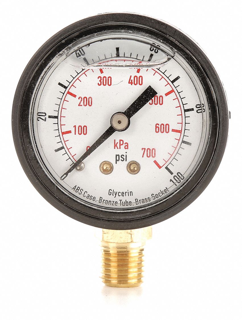 APPROVED Pressure Gauge, Liquid Filled Gauge Type, 0 to 100 psi, 0 to 700 kPa Range, 2" Dial Size   Pressure and Vacuum Gauges   4FKZ5|4FKZ5