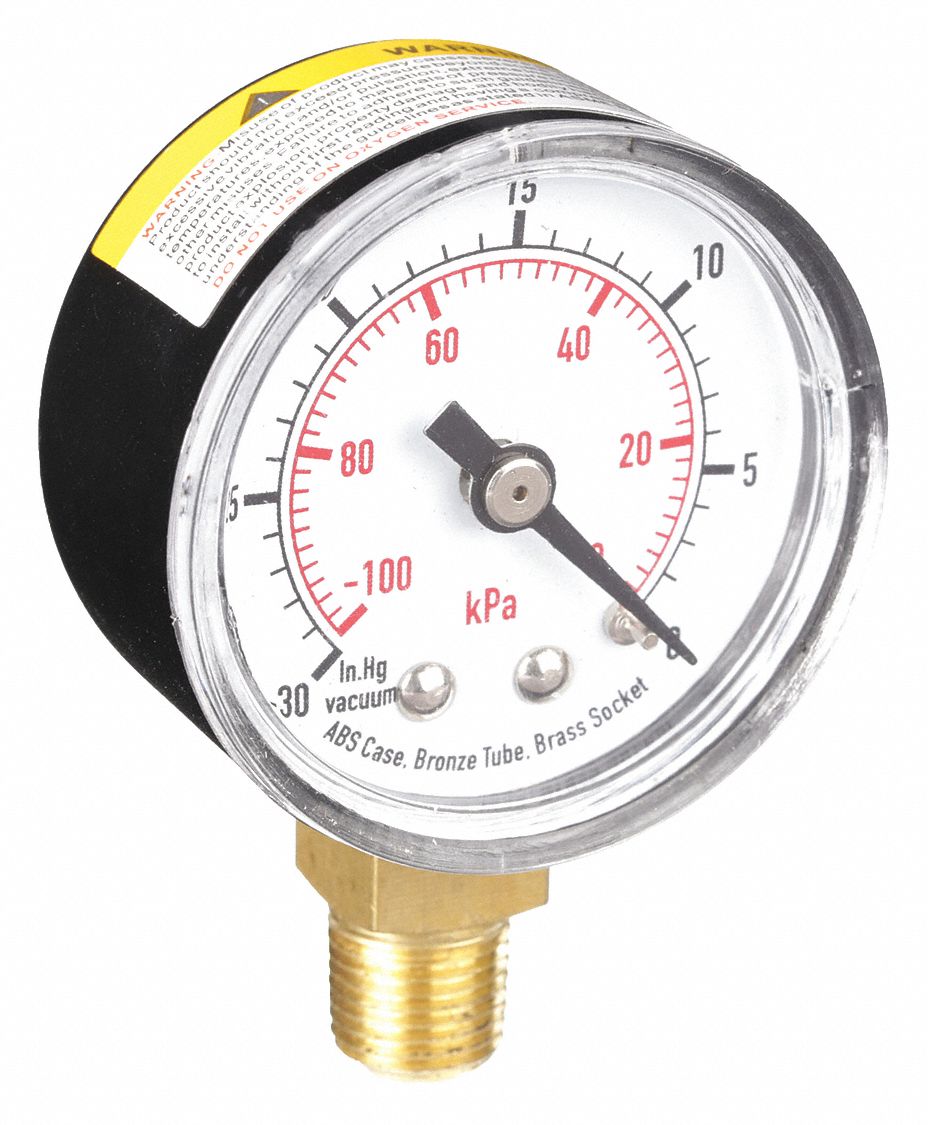 GRAINGER APPROVED Vacuum Gauge, 100 kPa Vac to 0, 30 in Hg Vac to 0 Range, 1/8 in NPT, ±323