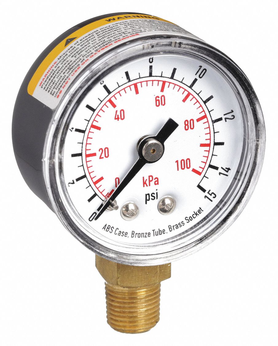 PRESSURE GAUGE,1 1/2 IN,15 PSI,LOWE