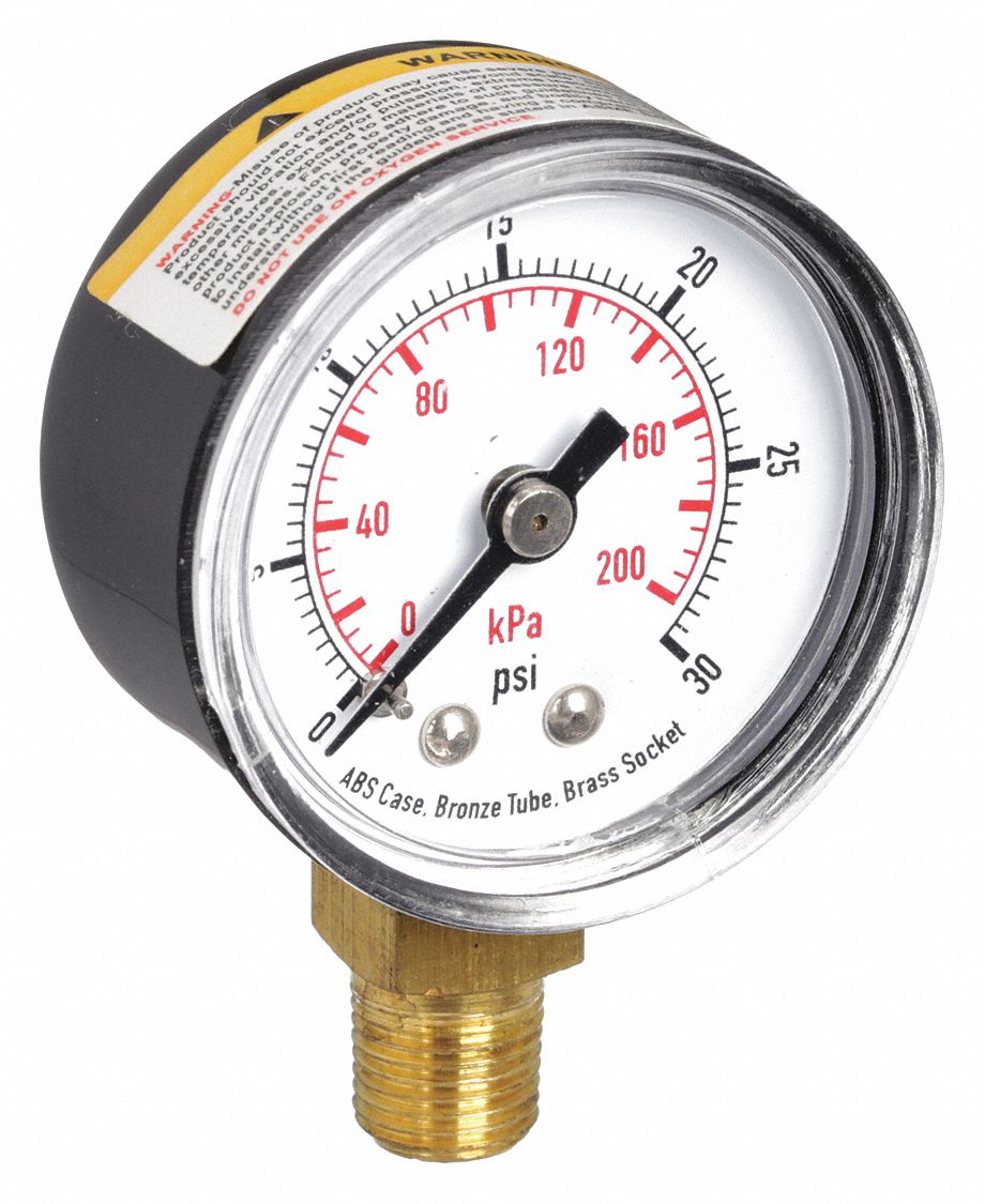 PRESSURE GAUGE,1 1/2 IN,30 PSI,LOWE