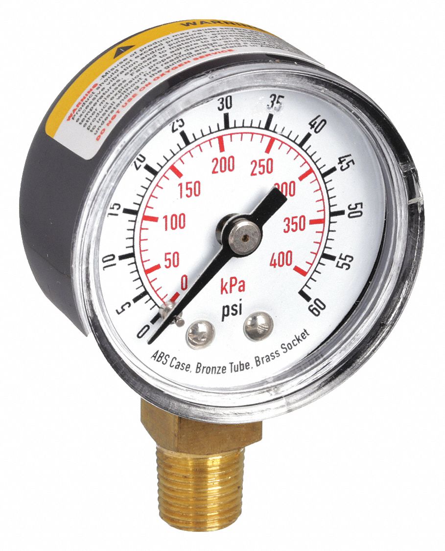Commercial Pressure Gauge: 0 psi / Hg to 60 psi, 1 1/2 in Dial, 1/8 in NPT Male