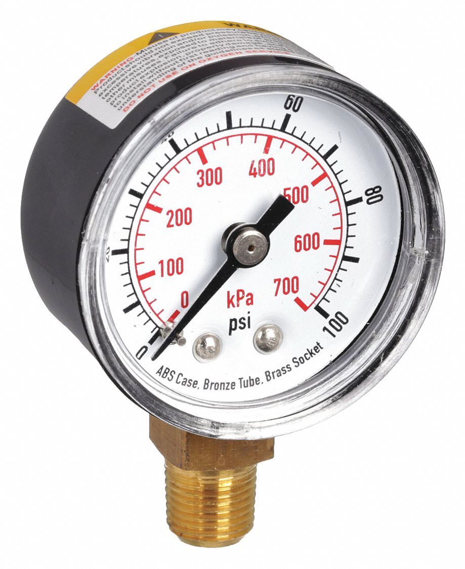 COMMERCIAL PRESSURE GAUGE, 0 PSI/HG TO 100 PSI, 1 1/2 IN DIAL, 1/8 IN NPT MALE