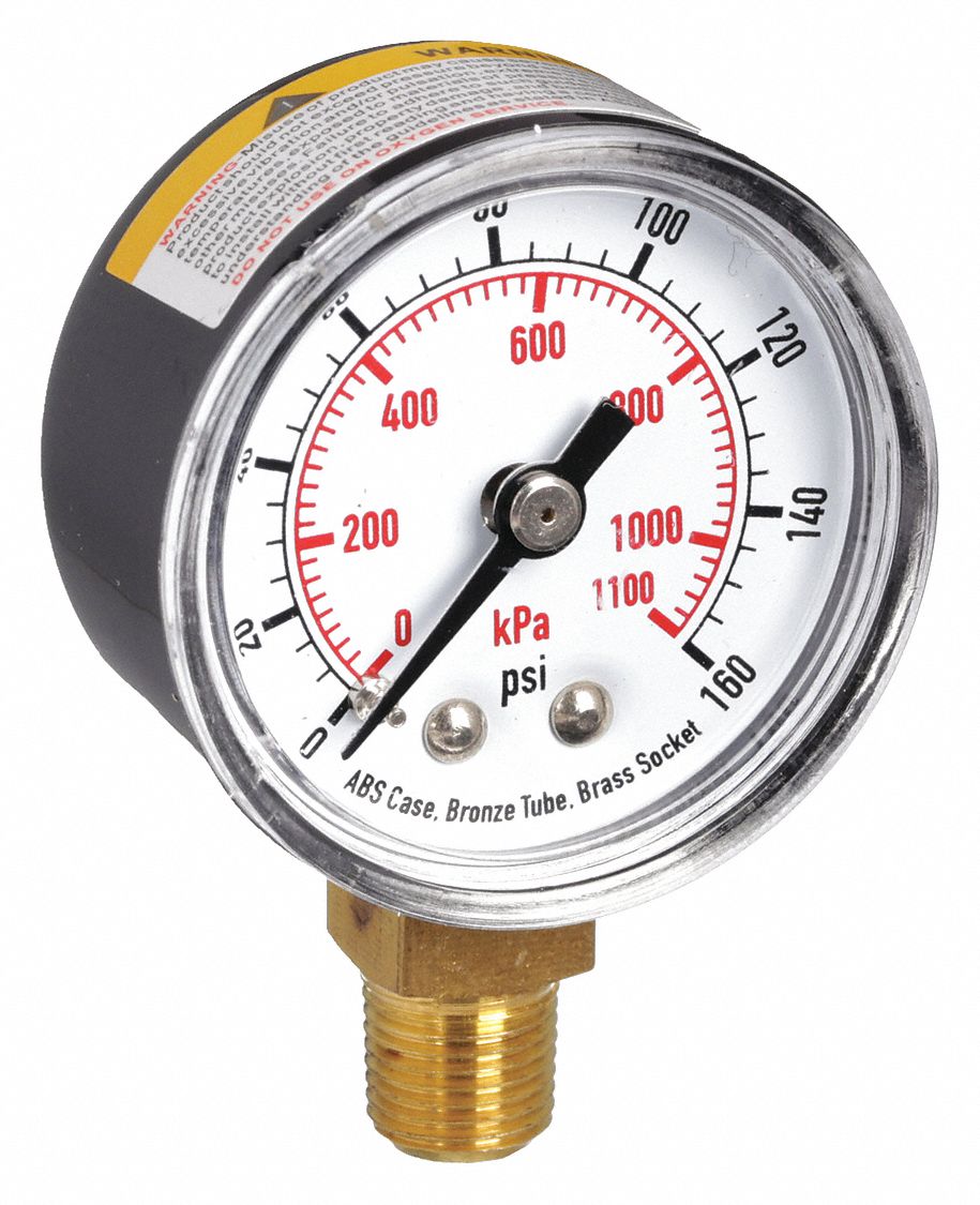 Commercial Pressure Gauge: 0 psi / Hg to 160 psi, 1 1/2 in Dial, 1/8 in NPT Male