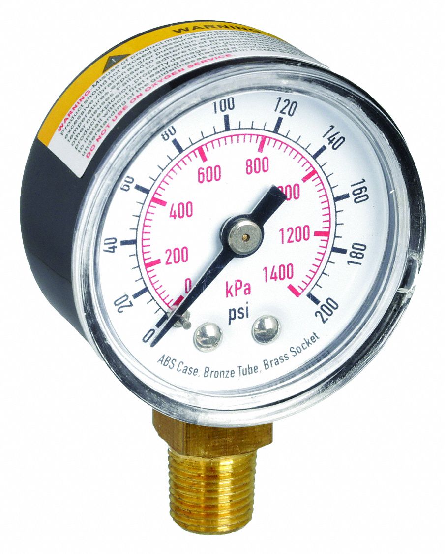 COMMERCIAL PRESSURE GAUGE, 0 PSI/HG TO 200 PSI, 1 1/2 IN DIAL, 1/8 IN NPT MALE