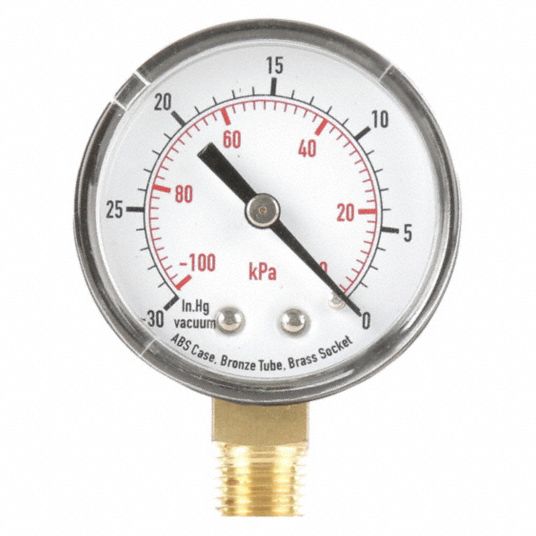 GRAINGER APPROVED Vacuum Gauge, 100 kPa Vac to 0, 30 in Hg Vac to 0 Range, 1/4 in NPT, +/323