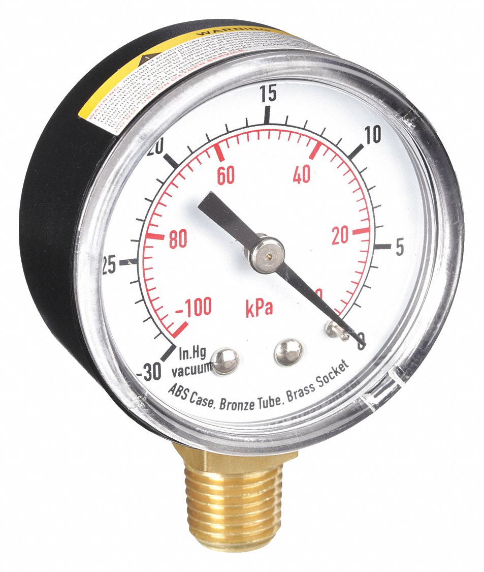 VACUUM GAUGE,2 IN,30 TO 0 IN HG VAC