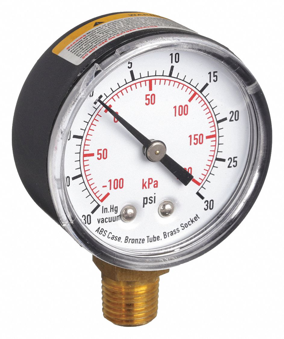 COMMERCIAL COMPOUND GAUGE, 30 IN HG TO 0 PSI/HG TO 30 PSI, 2 IN DIAL, BOTTOM, DUAL