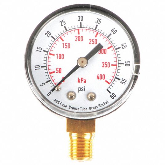 GRAINGER APPROVED Pressure Gauge, 0 to 400 kPa, 0 to 60 psi Range, 1/4 ...