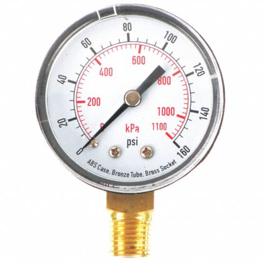 GRAINGER APPROVED Pressure Gauge, 0 to 1100 kPa, 0 to 160 psi Range, 1/