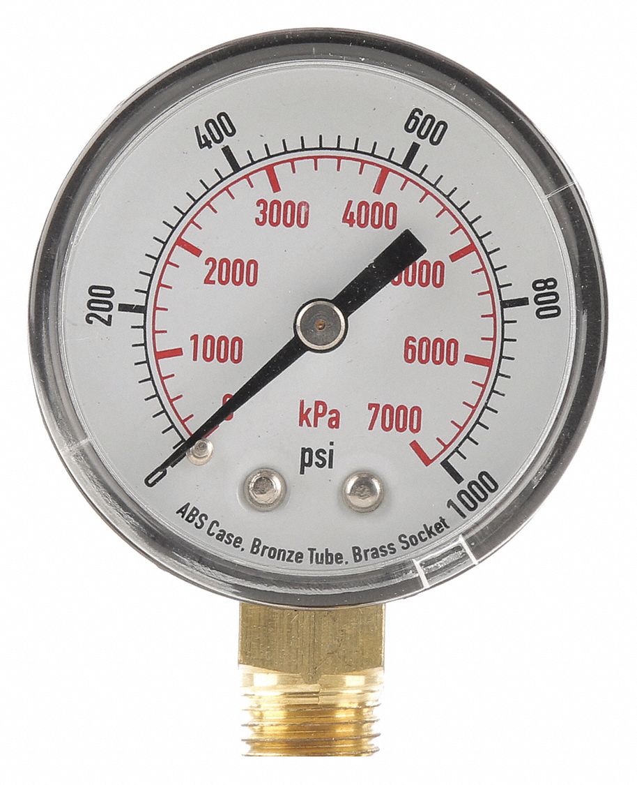 GRAINGER APPROVED Pressure Gauge, 0 to 1000 psi, 0 to 7000 kPa Range, 1