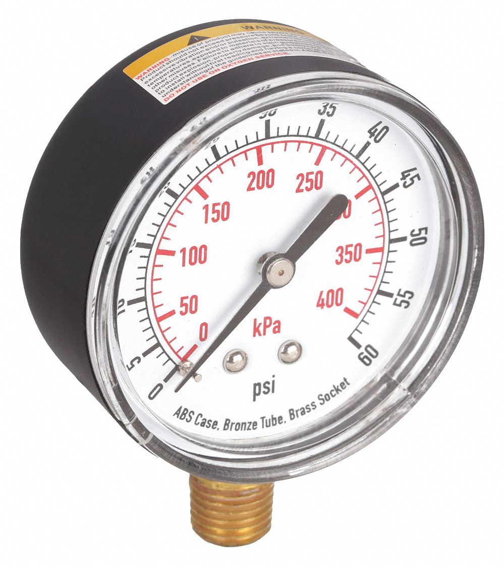 0 to 60 psi, 2 1/2 in Dial, Commercial Pressure Gauge