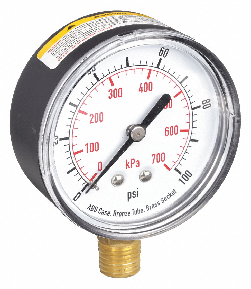 PRESSURE GAUGE,2 1/2 IN,100 PSI,LOW