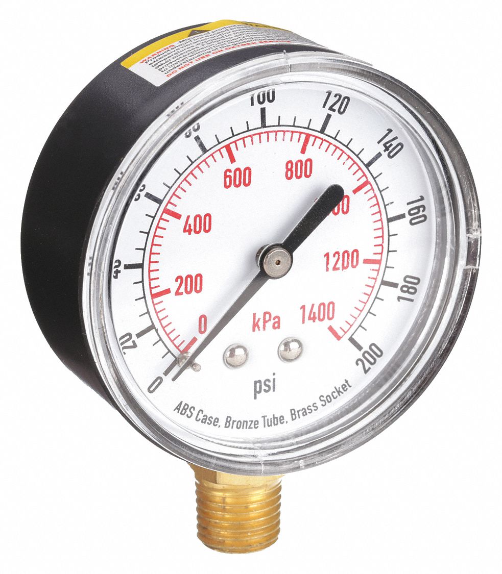 PRESSURE GAUGE,2 1/2 IN,200 PSI,LOW