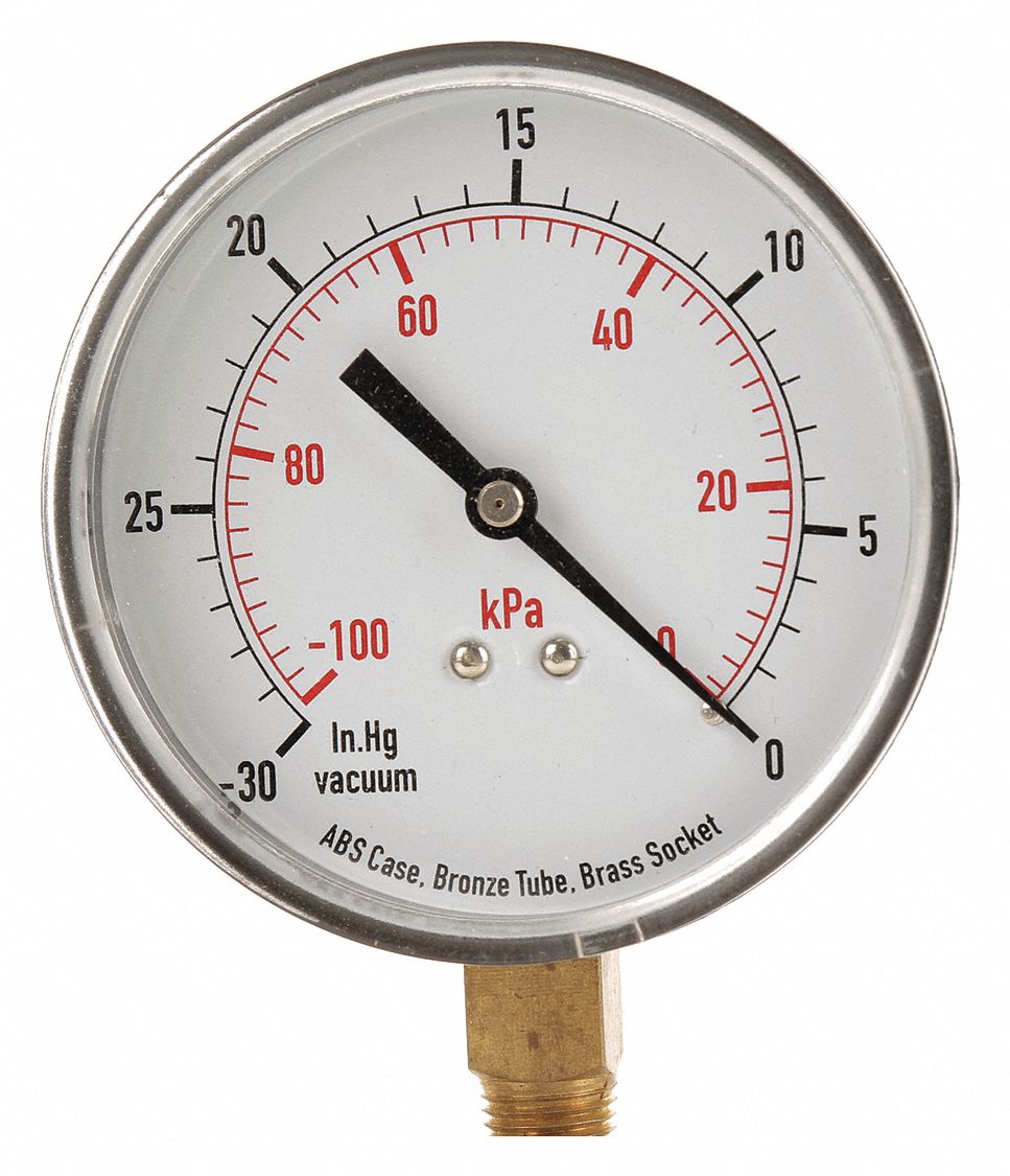 GRAINGER APPROVED Vacuum Gauge, 100 kPa Vac to 0, 30 In Hg Vac to 0