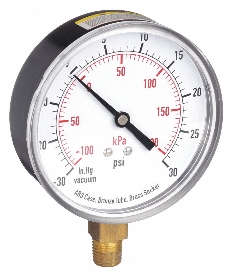 COMMERCIAL COMPOUND GAUGE, 30 IN HG TO 0 PSI/HG TO 30 PSI, 3 1/2 IN DIAL, BOTTOM