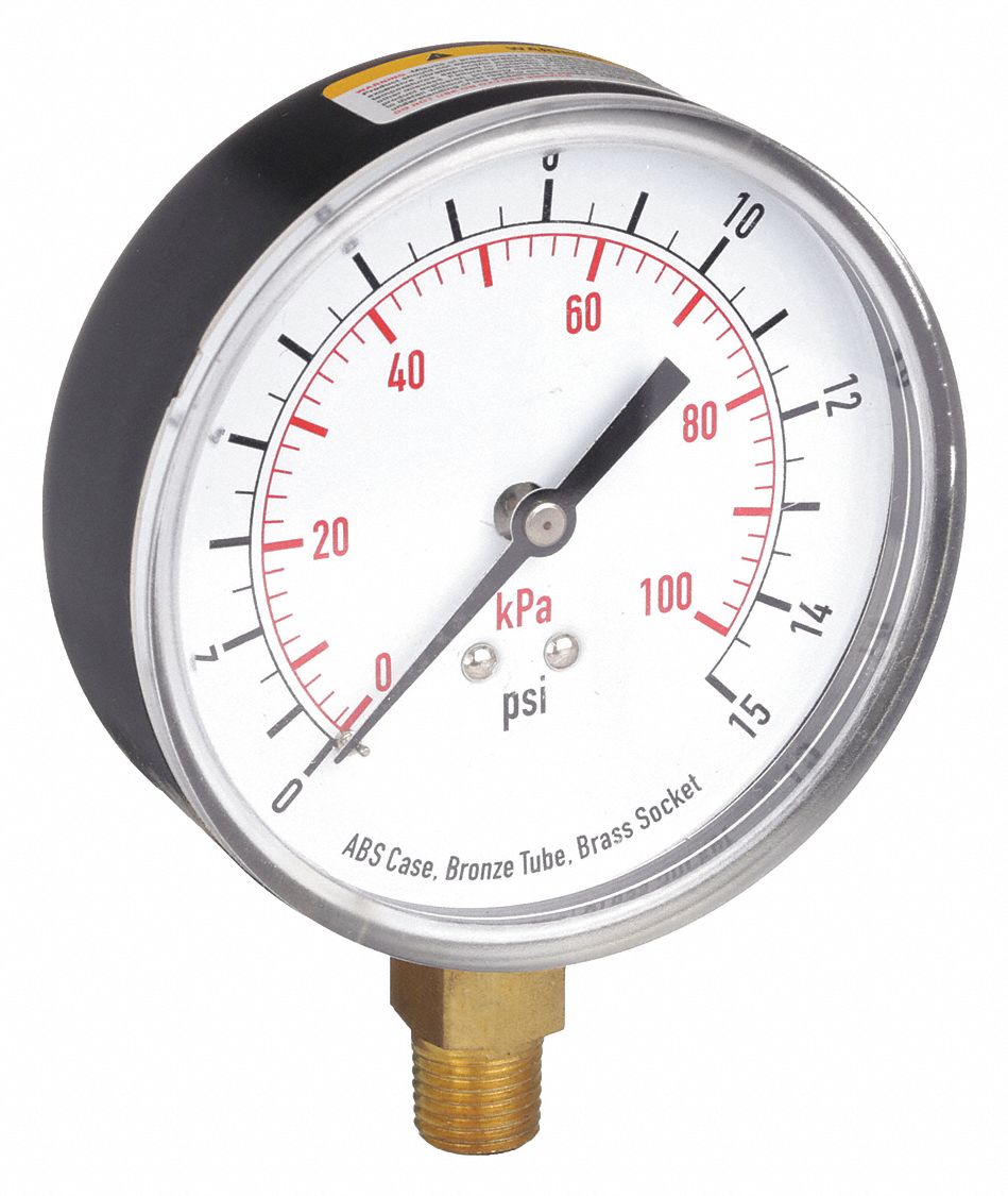 PRESSURE GAUGE,3 1/2 IN,15 PSI,LOWE