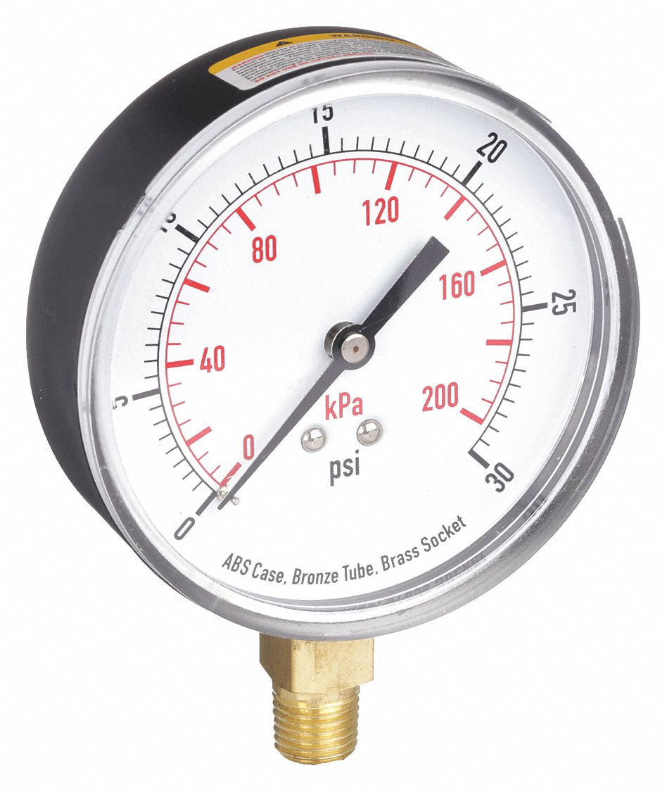 Commercial Pressure Gauge: 0 psi / Hg to 30 psi, 3 1/2 in Dial, 1/4 in NPT Male
