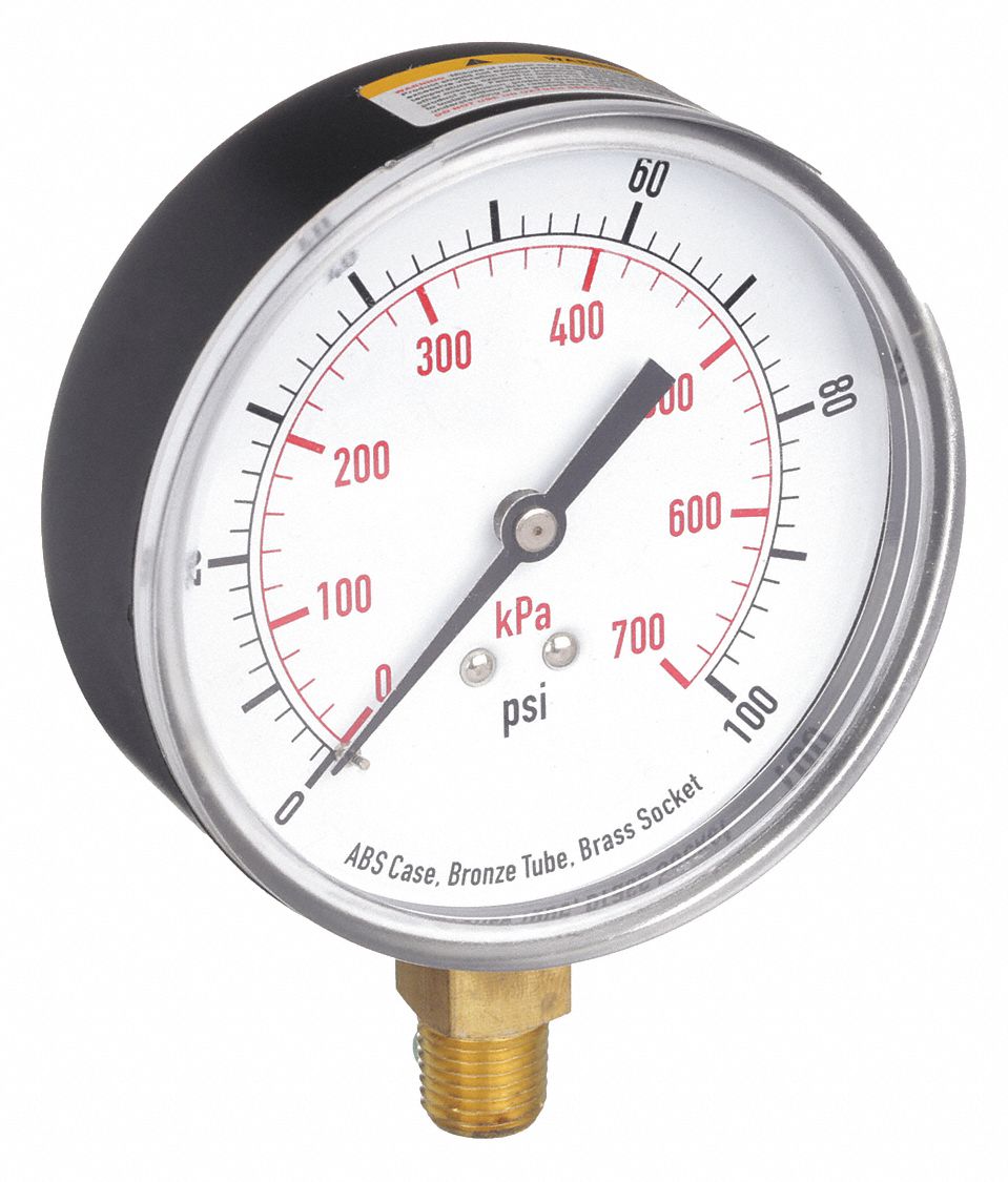 PRESSURE GAUGE,3 1/2 IN,100 PSI,LOW