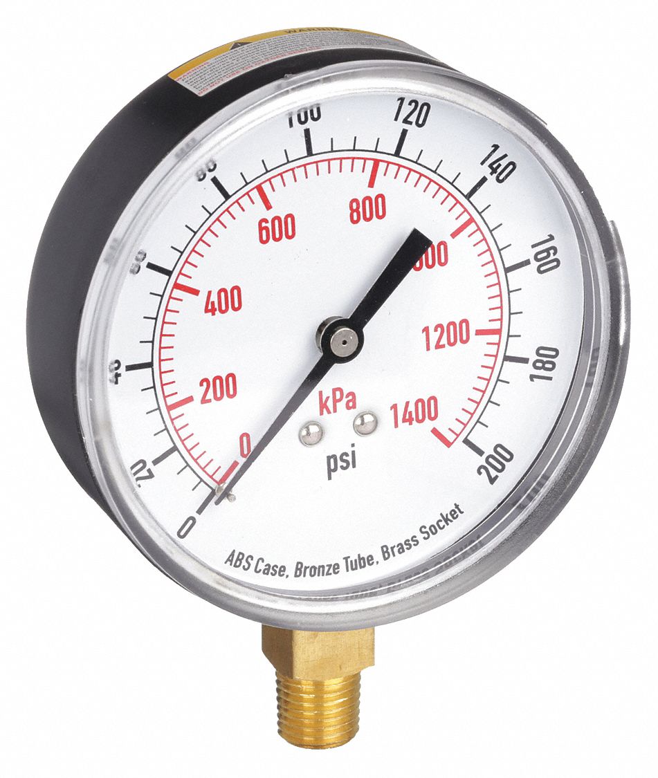 PRESSURE GAUGE,3 1/2 IN,200 PSI,LOW
