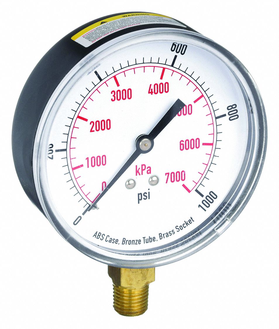 Commercial Pressure Gauge: 0 psi / Hg to 1, 000 psi, 3 1/2 in Dial, 1/4 in NPT Male