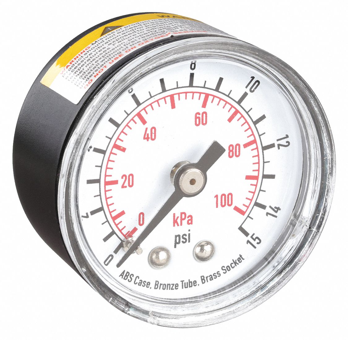 PRESSURE GAUGE,1 1/2 IN,15 PSI,BACK