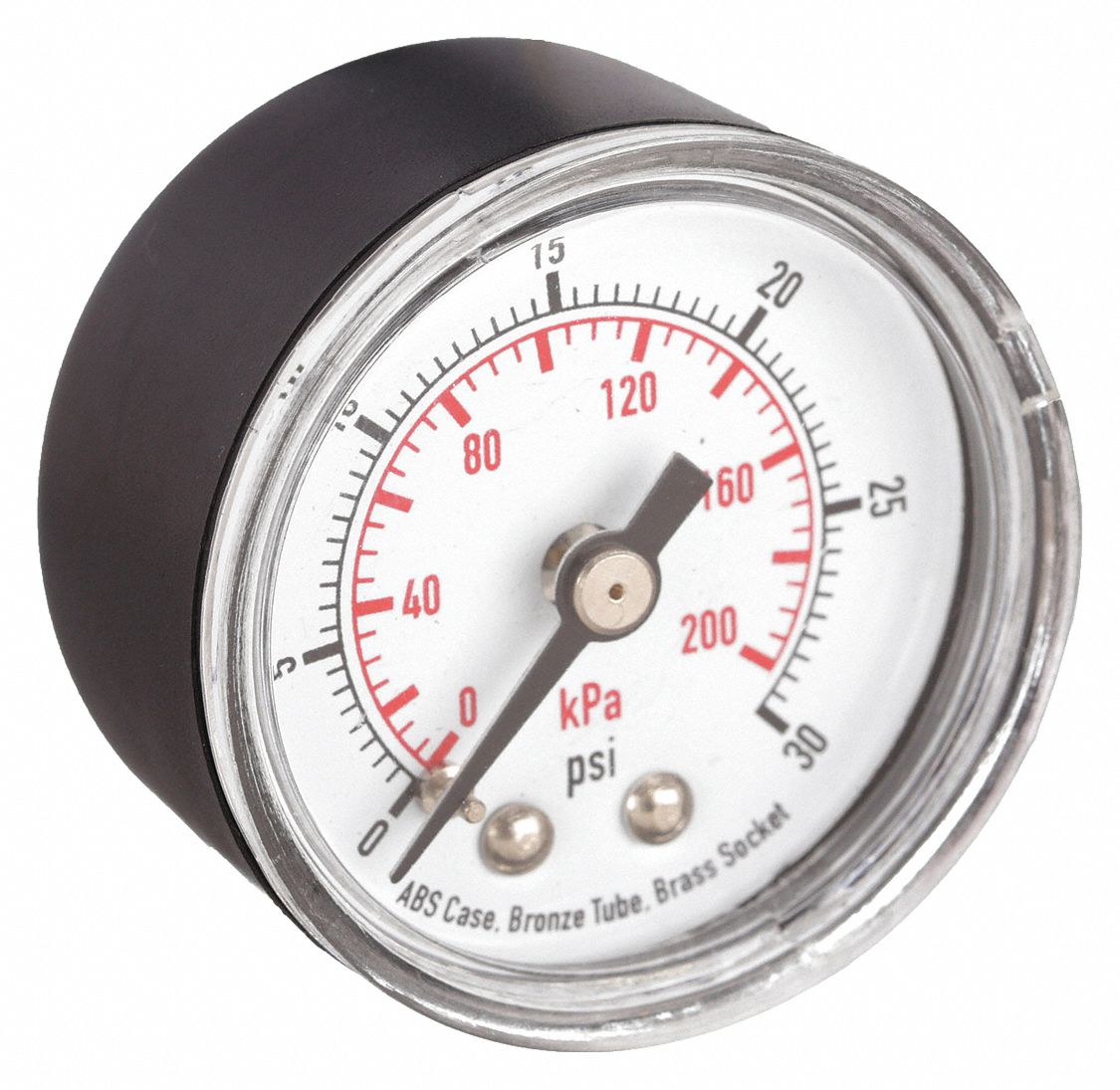 PRESSURE GAUGE,1 1/2 IN,30 PSI,BACK