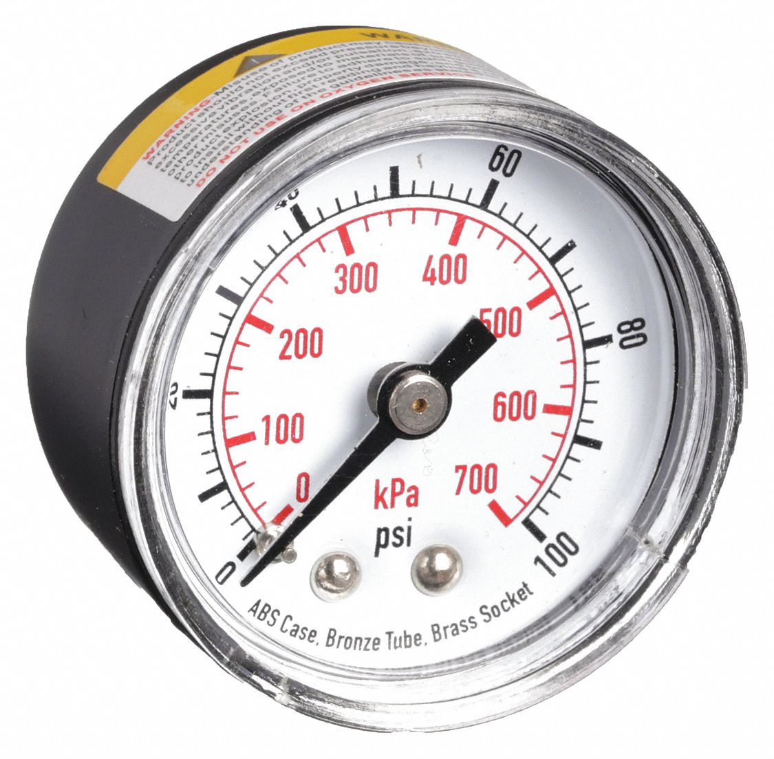 PRESSURE GAUGE,1 1/2 IN,100 PSI,BAC