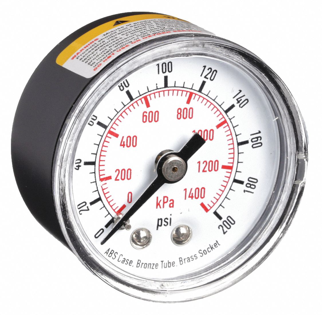 Commercial Pressure Gauge: 0 psi / Hg to 200 psi, 1 1/2 in Dial, 1/8 in NPT Male