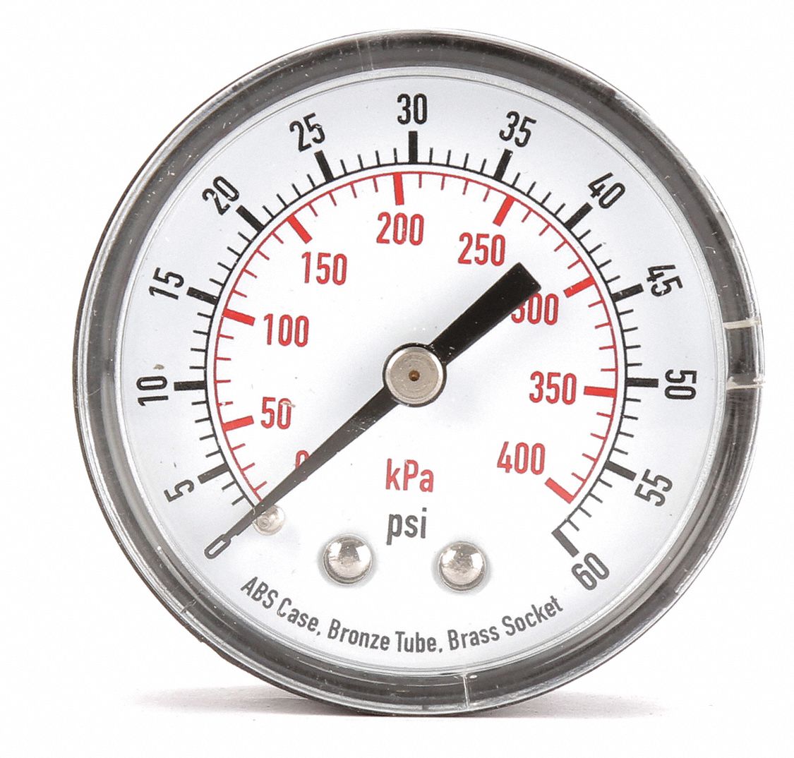 GRAINGER APPROVED Pressure Gauge, 0 to 400 kPa, 0 to 60 psi Range, 1/4