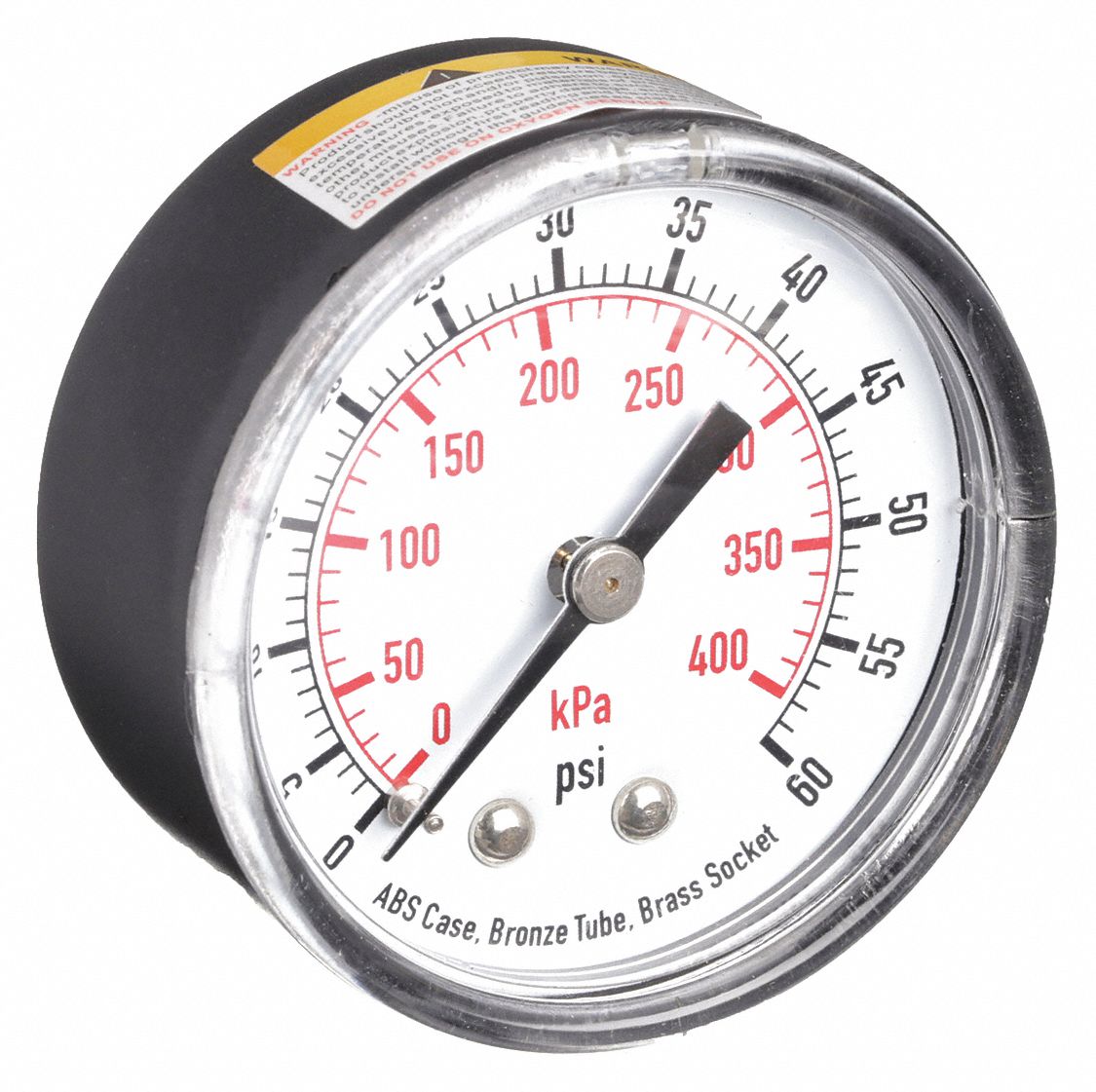 COMMERCIAL PRESSURE GAUGE, 0 PSI/HG TO 60 PSI, 2 IN DIAL, 1/4 IN NPT MALE, PLASTIC