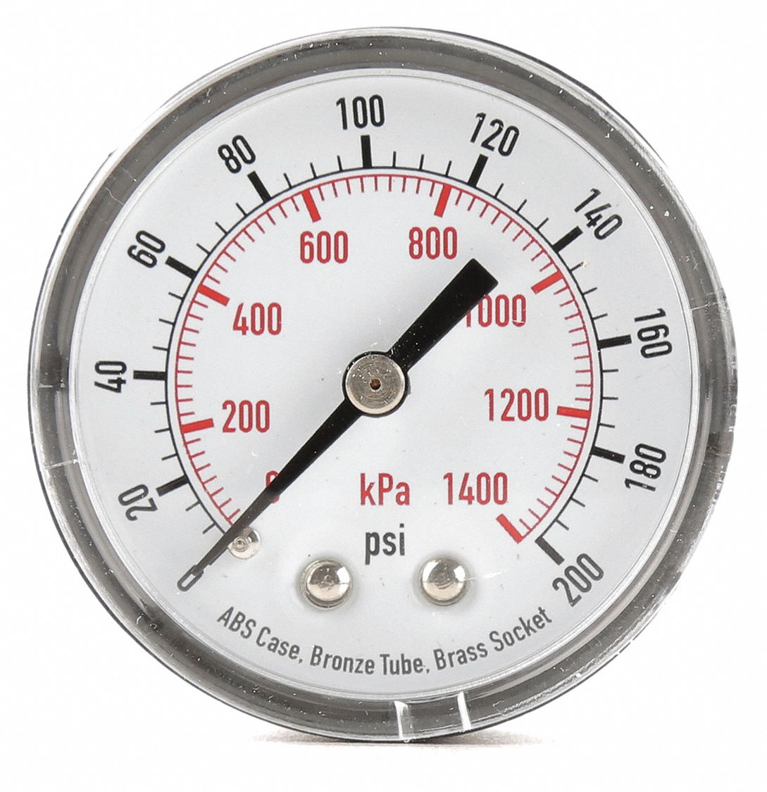 Commercial Pressure Gauge: 0 to 200 psi, 2 in Dial, 1/4 in NPT Male, Center Back